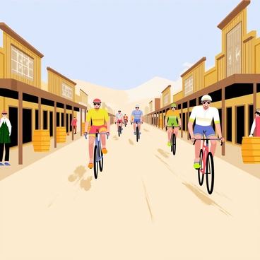A bicycle race occurring in a wild west town characterized by dusty dirt roads. The scene includes wooden saloons with swinging doors lining the streets. A group of cyclists in colorful jerseys and helmets are racing down the road, kicking up clouds of dust behind them. Wooden barrels and hitching posts are scattered along the route. In the background, a clear blue sky contrasts with the rustic buildings, and a few spectators in period clothing are cheering from the sidelines.