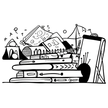 A stack of artist's spiral notebooks placed on a wooden table at a fair. The notebooks are stacked haphazardly, some slightly open, revealing various sketches and designs peeking out from the pages. Nearby, there are colorful art supplies, including pencils and paints, arranged neatly beside the notebooks. A small canvas is set up in the background, hinting at a creative workspace. The scene captures the bustling atmosphere of the fair, with faint outlines of tents and people in the distance.