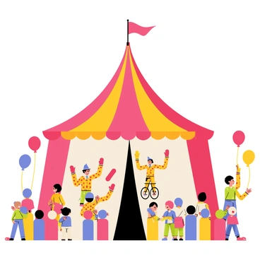 A colorful circus tent stands in the center of the scene. Inside, lively clowns are juggling oversized foam fingers in vibrant colors, such as red, blue, and yellow. Performers dressed in brightly patterned costumes are balancing on stilts while waving large foam fingers to the audience. A unicyclist is riding by, holding a foam finger high above their head, and a group of children are sitting in the front row, cheering and excitedly holding their own foam fingers. Balloons float above the crowd, adding to the festive atmosphere.