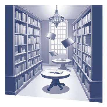 A grand library filled with tall wooden bookshelves that reach the ceiling. The shelves are lined with numerous books, some of which are "floating" in mid-air, suspended by an unseen force. These floating books emit a "soft glow" that illuminates the surroundings, creating a mystical atmosphere. The library features a large, intricate chandelier hanging from the ceiling, casting soft shadows on the floor. There are "ornate wooden tables" scattered throughout the space, with a few books open on them, as if someone has just been reading. The walls are decorated with "elaborate carvings" that contribute to the enchanting ambiance.