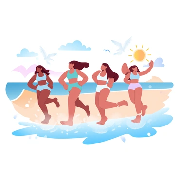 A group of four friends is running along the shoreline of a sunny beach. The friends are wearing colorful swimwear and their feet are splashing in the gentle waves. The sun is shining brightly, casting warm light on their skin. In the background, there are soft sand dunes and a clear blue sky. The ocean is sparkling under the sunlight, and a few seagulls can be seen flying above the water. The atmosphere conveys a sense of joy and carefree fun.