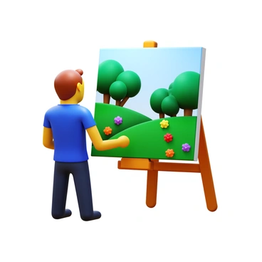 An artist standing in front of an easel, focused on painting a landscape scene. The landscape features a variety of green trees with lush foliage. Surrounding the trees are vibrant blooming flowers in multiple colors, such as red, yellow, and purple. The scene captures the artist's brush strokes as they bring the landscape to life on the canvas.