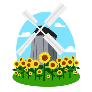 A tall windmill with white sails stands prominently in the center of the image. The windmill has a rustic wooden structure with a weathered gray exterior. Surrounding the windmill is a vast field filled with towering sunflowers, their bright yellow petals reaching towards the blue sky. Each sunflower is adorned with a dark brown center and vibrant green leaves. The sunflowers sway gently in the breeze, creating a lively contrast against the windmill. The scene is bathed in warm sunlight, highlighting the vivid colors of the flowers and the windmill.