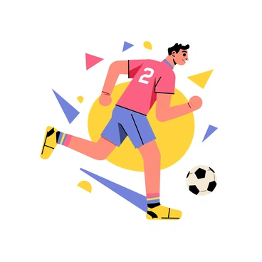 A football player with a strong athletic build is captured in dynamic motion, kicking a black and white soccer ball. His hair is styled and he wears a vibrant red jersey with a number on the back, and blue shorts. The background consists of angular patterns in contrasting colors surrounding him, emphasizing his movement and energy. His expression shows determination and focus as he moves energetically across the field.