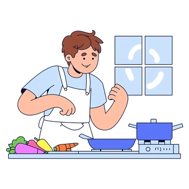 A person standing in a kitchen with a focused expression while preparing a meal. The individual has short brown hair and is wearing a white apron over a light blue shirt. Their right elbow is bent, and they are wincing slightly, indicating discomfort. On the countertop, there are various vegetables like carrots and bell peppers, along with a cutting board and a sharp knife. A pot is simmering on the stove, and there is a window in the background allowing sunlight to filter in.