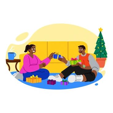 A cozy living room with warm lighting and a comfortable sofa. Two friends sit on the floor, surrounded by colorful, small wrapped gifts. The gifts are adorned with festive bows and patterns, creating a cheerful atmosphere. A decorated Christmas tree stands nearby, twinkling with lights and ornaments. A steaming cup of cocoa rests on a side table, adding to the inviting scene. The friends are smiling and excited as they exchange the gifts, creating a moment of joy and friendship.