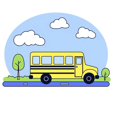 A yellow school bus is driving down a straight road. The bus has large windows and a black stripe running along its sides. Above, the sky is bright blue and dotted with fluffy white clouds, some resembling cotton balls. The bus is surrounded by green grass on either side of the road, and there are a few trees in the background.