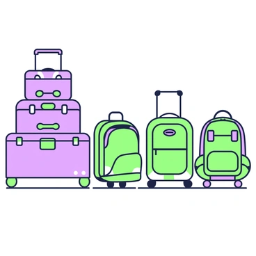 A travel scene features four suitcases stacked neatly on one side. The suitcases are of varying sizes and shapes, each one with distinct patterns. Next to the suitcases, there are three backpacks arranged in a row. Each backpack has a different design, showcasing a mix of compartments and straps. The composition of the scene visually represents the ratio of 4/3, with the suitcases clearly dominating one side while the backpacks balance the arrangement. The background is simple to maintain focus on the luggage.