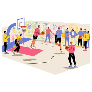 A lively street basketball court with concrete flooring and vibrant graffiti-covered walls. Several players are in action; one player is dribbling a orange basketball, while another is jumping to make a jump shot. Spectators are gathered along the sides, showing excitement and enthusiasm. The sun casts shadows on the court, adding depth to the scene. Colorful sneakers and sportswear are worn by the players, enhancing the energetic atmosphere.