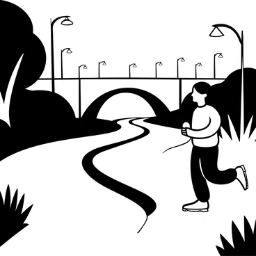 A person wearing a lightweight jacket and running shoes is jogging along a winding river path. The path is bordered by lush trees and tall grass. Streetlights cast a soft glow along the route, illuminating the ground and creating long shadows. The river flows gently alongside the path, reflecting the light from the streetlamps. In the distance, a bridge arches over the river, with more streetlights lining its edges.