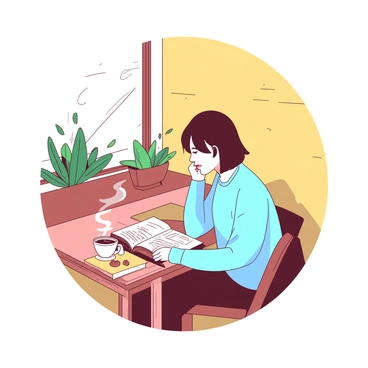 A cozy corner of a cafeteria features a person sitting at a small wooden table, deeply engrossed in a book. The person has short brown hair and is wearing a light blue sweater. A steaming white coffee cup is placed on the table next to the book, which has a vibrant cover. The walls of the cafeteria are painted in a soft yellow, and there are potted plants in the background adding a touch of greenery. Soft light filters through a nearby window, creating a warm ambiance in the space.