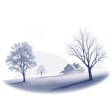 A rural landscape shrouded in fog during the early morning. The scene features several silhouetted trees, their branches reaching towards the sky. In the distance, a farmhouse is visible, its outline softened by the mist. The ground is slightly wet, hinting at early morning dew, and there is a sense of stillness in the air. The fog blankets the area, creating a muted atmosphere that envelops both the trees and the farmhouse.