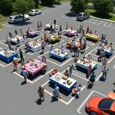 A parking lot filled with various tables displaying items for sale at a suburban garage sale. There are colorful tablecloths draped over the tables, each covered with an assortment of household goods, toys, and clothing. People of different ages are browsing through the items, some examining vintage clothes while others are looking at kitchenware. A few children are playing nearby, and a couple of adults are engaged in lively conversations. Bright sunlight casts shadows on the scene, and there are cars parked along the edges of the parking lot.