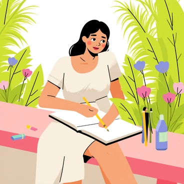 "Juliet is sitting on a wooden bench in a sunlit courtyard surrounded by vibrant green plants and colorful flowers. She has long flowing hair and wears a light dress. Juliet is holding a pencil and intently sketching in an open notebook resting on her lap. The sun casts soft shadows around her, highlighting the details of her focused expression. A few art supplies are scattered beside her, including colored pencils and a small eraser."