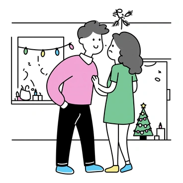 A couple sharing a sweet kiss under "the mistletoe." The man, wearing a red sweater and dark jeans, leans in toward the woman, who is dressed in a green holiday dress. They are standing in a room decorated for the holidays, with "colorful string lights" draped across the walls and a small "Christmas tree" adorned with ornaments in the corner. A "festive wreath" hangs on the door behind them. The ambiance is set with a warm glow from nearby candles.