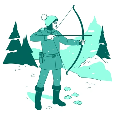 An archer dressed in a teal winter outfit stands confidently in a snowy landscape. The archer is holding a sleek bow, with a focused expression while aiming at a target in the distance. Snowflakes are swirling around, some landing gently on the archer's shoulders and the bow. The ground is covered in a thick layer of pristine white snow, and tall, snow-dusted evergreen trees are visible in the background, contrasting with the scene. A few footprints in the snow lead up to the archer, indicating their practice spot.