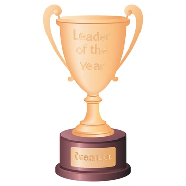 A shining golden trophy engraved with 'Leader of the Year' on a wooden pedestal