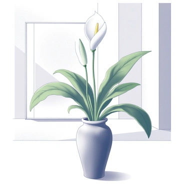 A peace lily with lush green leaves and white blooms is positioned gracefully within an elegant vase. The vase is tall and slender, featuring smooth lines that complement the delicate flowers. The background consists of a clean, minimalistic art gallery space, with white walls and polished wood flooring. The lighting is soft, casting gentle shadows that enhance the form of the peace lily and the contours of the vase. The overall composition is uncluttered, emphasizing the beauty of the plant and the sophistication of the display.