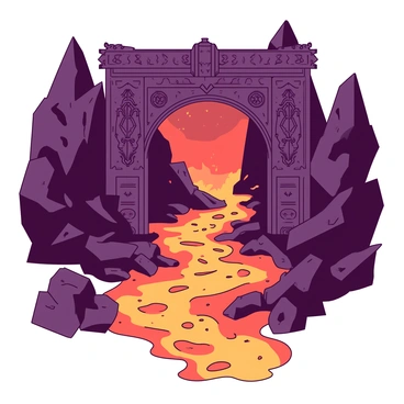 A river of orange lava flows steadily beneath an ornately carved gate featuring intricate designs and sinister motifs. The gate is adorned with dark details, and its surface reflects the glow of the molten rock below. Surrounding the gate, sharp and jagged rocks frame the scene, emphasizing the heat and intensity of the flowing lava. The air is filled with a haze, blending the warmth of the lava with the dark craftsmanship of the gate above.