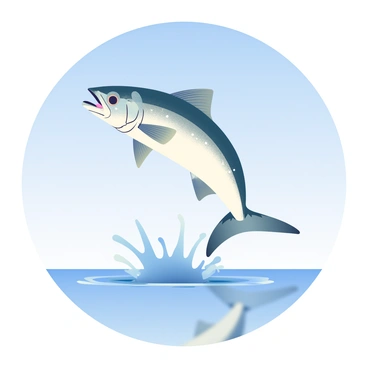 A large silver tarpon is leaping out of the water, creating a dramatic splash with droplets shimmering in the sunlight. The fish's elongated body is arched gracefully in mid-air, showcasing its vibrant scales. Below, the water surface ripples outward from the point of impact. Surrounding the scene is a clear blue sky, devoid of clouds, emphasizing the bright and sunny day. The reflection of the tarpon can be seen in the water, adding depth to the image.