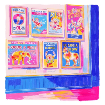 A wall is covered in vintage circus posters that showcase various acts. The posters feature colorful illustrations of acrobats performing daring feats, clowns with large red noses and bright costumes, and exotic animals such as elephants and lions. Each poster has ornate borders and hand-lettered titles, with vibrant colors that include reds, blues, and yellows. Some posters include dates and locations, while others highlight a specific show or act. The wall itself is a rustic wood, which contrasts with the bright colors of the posters, adding an antique charm to the scene.