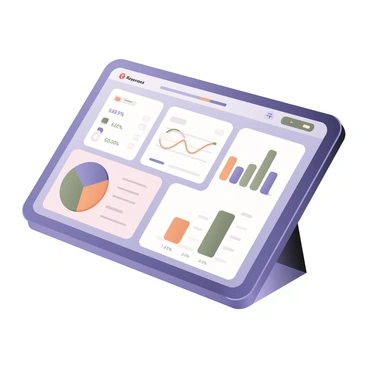 A digital flat illustration showcasing a futuristic tablet screen. The tablet features a sleek, rounded design with a thin bezel. The screen displays a vibrant accounting application interface filled with colorful graphs and charts. There are pie charts in bright blue, green, and orange, representing various financial data. A detailed bar graph with contrasting colors shows revenue over time. In the corner, there is a section labeled "Expenses" with colorful icons. The background of the tablet screen is a smooth gradient transitioning from light blue to white, enhancing the readability of the application details. The tablet stands on a modern-looking desk with a subtle reflection underneath.