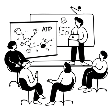 A nutritionist standing at a table with a large open book, displaying diagrams related to ATP and energy production. Around the table, there are a diverse group of people of various ages and backgrounds, observing attentively. The nutritionist is pointing to a diagram of a cell while holding a pencil. A whiteboard in the background features additional notes and illustrations of metabolic processes. The setting is an indoor classroom with chairs arranged in a semi-circle, allowing for an engaging discussion.