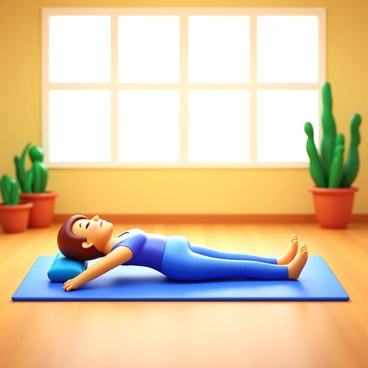 A person lying on a yoga mat in a relaxation pose, with their eyes closed and a peaceful expression. The studio has soft natural light filtering through large windows, illuminating the space. The floor is wooden and there are a few plants placed around, enhancing the tranquil atmosphere. The person is dressed in comfortable yoga clothing, and there is a small cushion under their head for support. The scene conveys a sense of calm and relaxation.