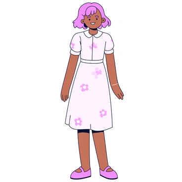 A girl wearing a vintage-inspired dress with soft pastel colors. The dress features short, puffed sleeves and a fitted bodice that flows into a slightly flared hemline. The fabric has simple floral patterns in light shades, creating a subtle texture. The girl has her hair styled in loose waves, and she stands with a gentle smile on her face. She is positioned against a plain background to emphasize the dress's design.