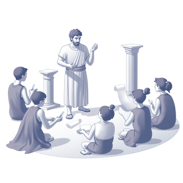 A scene depicting "Hermes," the Greek god, standing confidently in front of a group of "young apprentices." He is gesturing with one hand while holding a "caduceus" in the other. The apprentices are dressed in tunics, attentively listening and taking notes. Some hold small "parchments" and "quills" in their hands. The background features elements of a classical training ground, such as "stone pillars" and "ancient scrolls" scattered around. The atmosphere is focused, with an air of mentorship and learning.