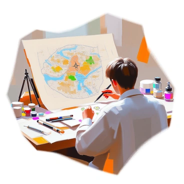 A cartographer diligently creating a map on parchment paper with tools scattered around.