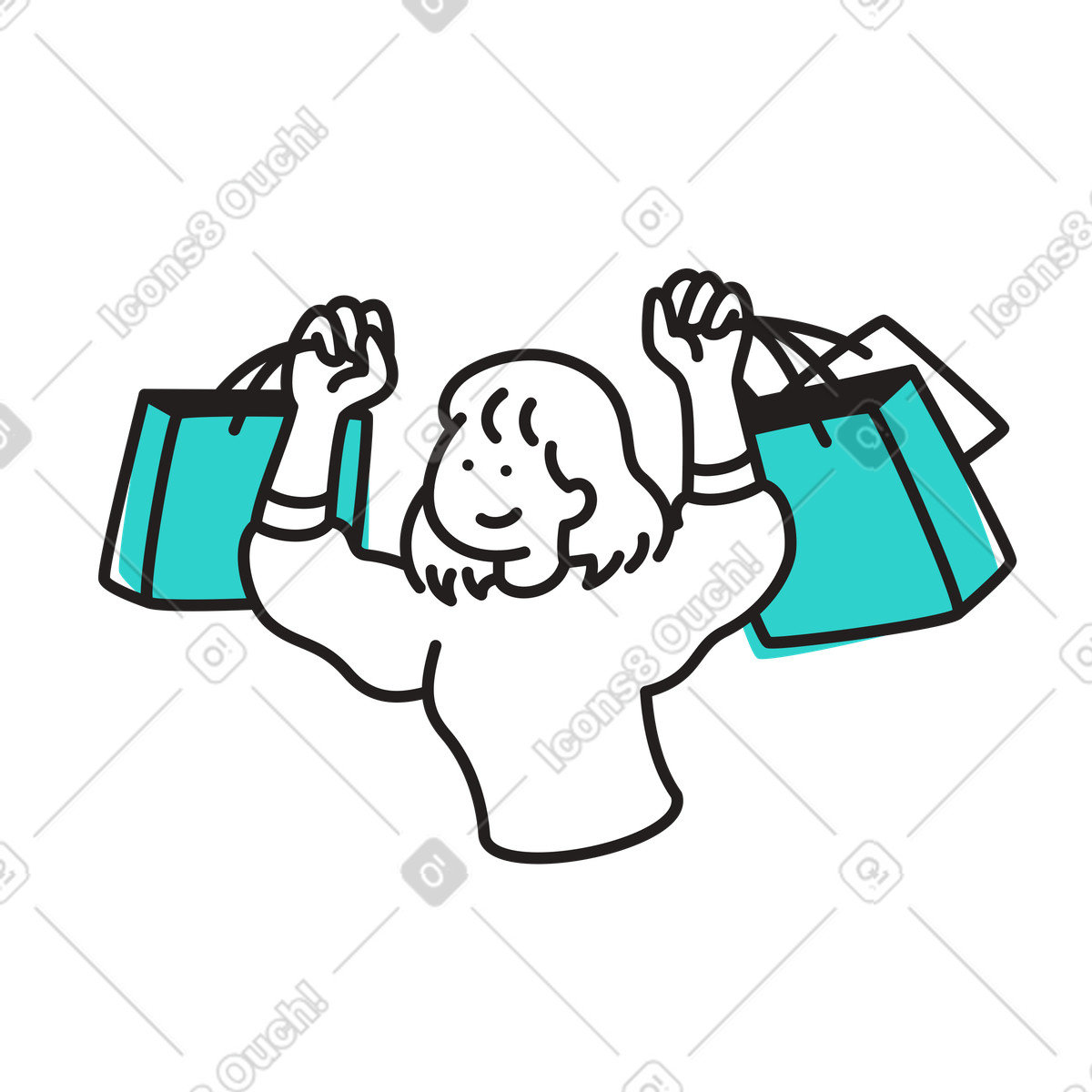 Happy shopper with raised shopping bags, Customer excitement and retail therapy illustration in Little style download in PNG, SVG