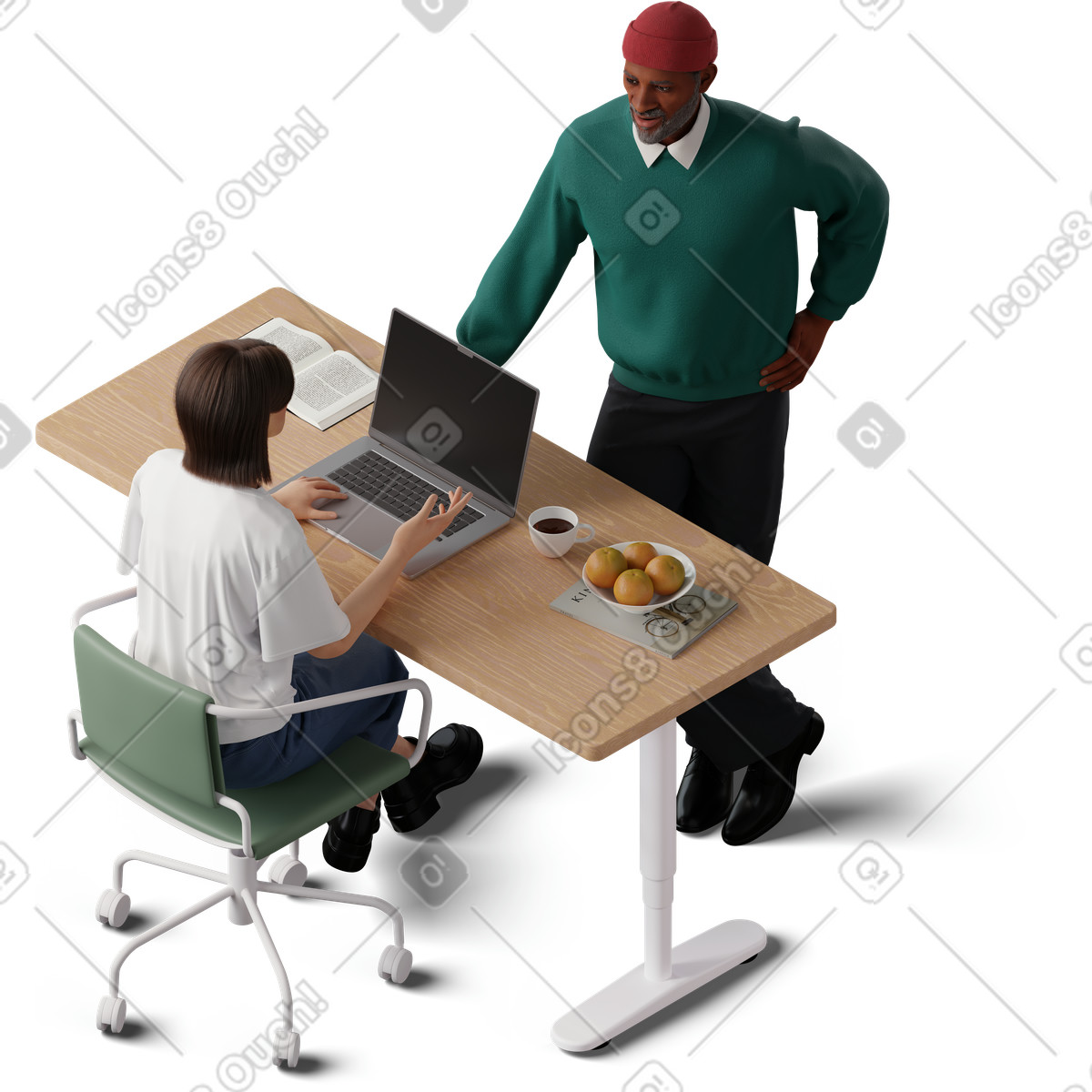 Isometric view of young woman and man discussing the project illustration discussion clipart PNG SVG GIF