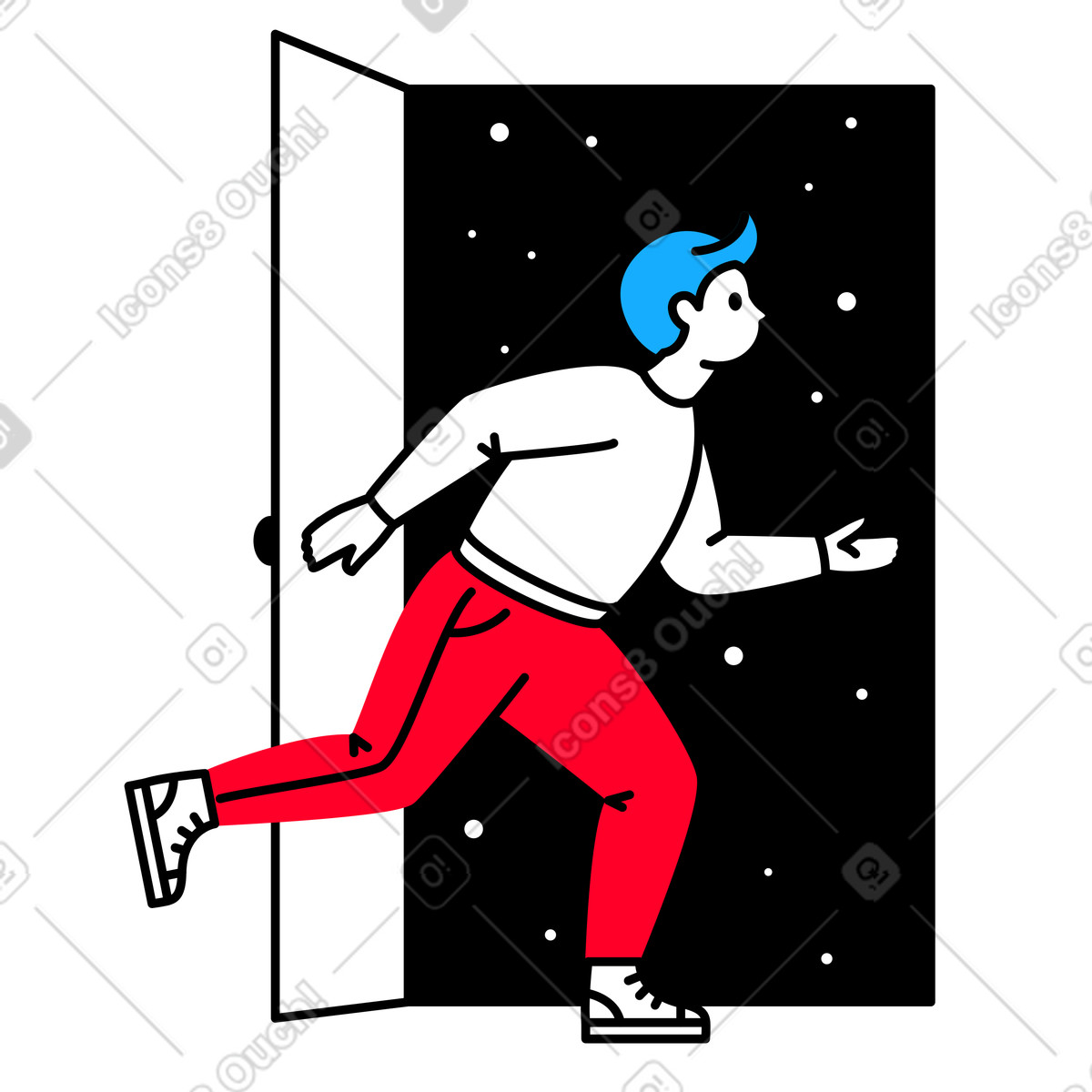 Illustration L'homme sort en courant par la porte dans l'espace extra-atmosphérique le style Transistor à télécharger aux formats PNG, SVG