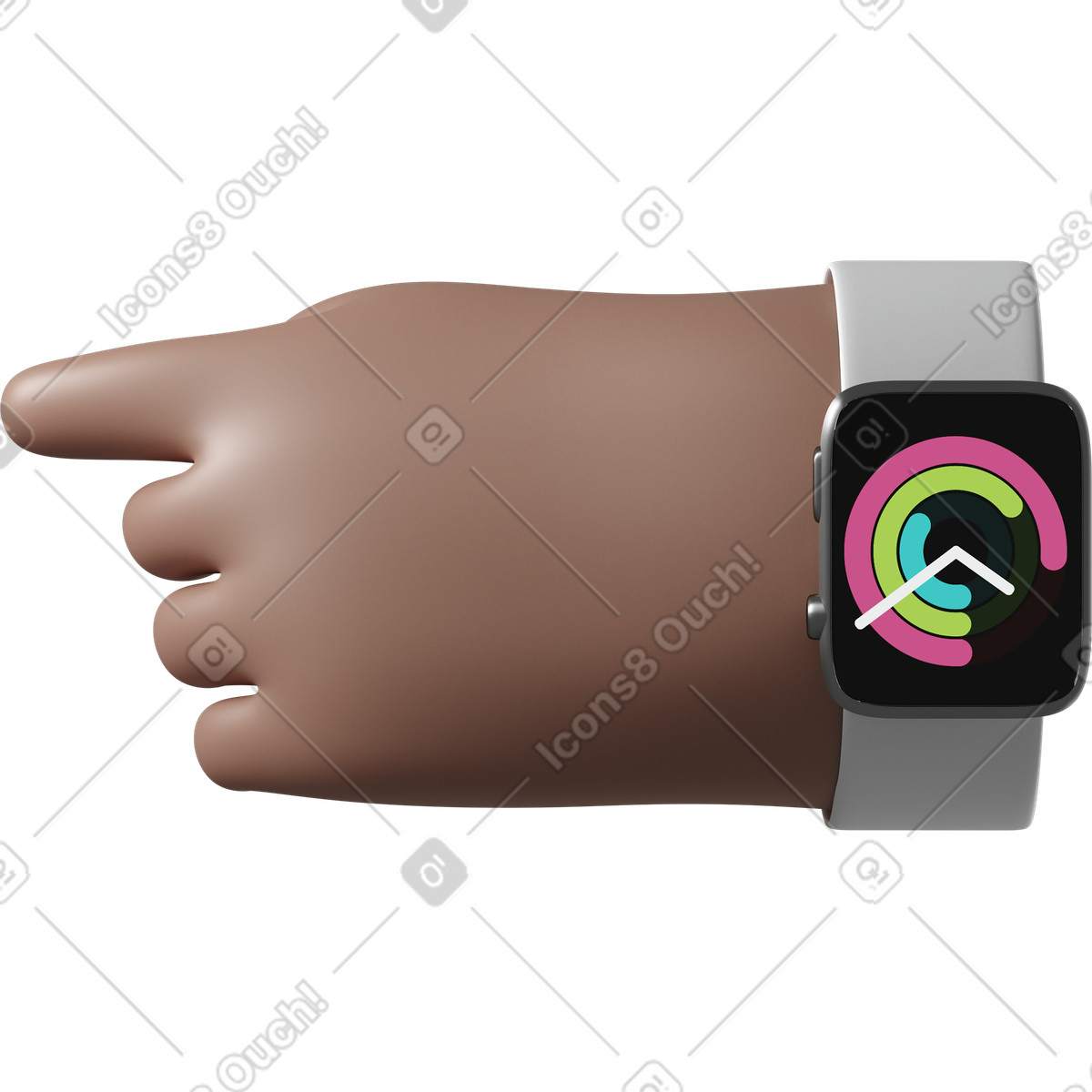 Brown skin hand with smartwatch turned on pointing left illustration in 3D Hands Fun&Wild style download in PNG, SVG