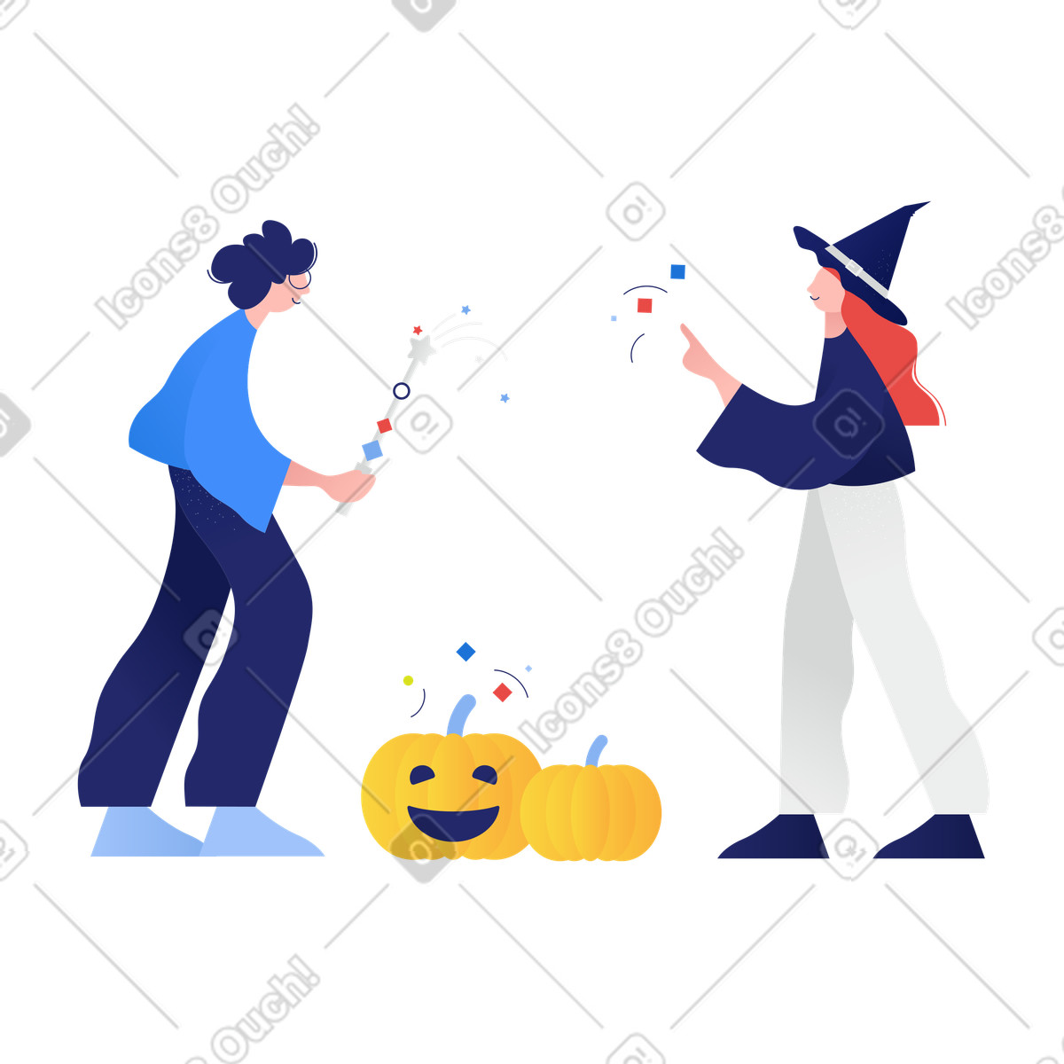 Young people having halloween party with pumpkins illustration in Clip style download in PNG, SVG