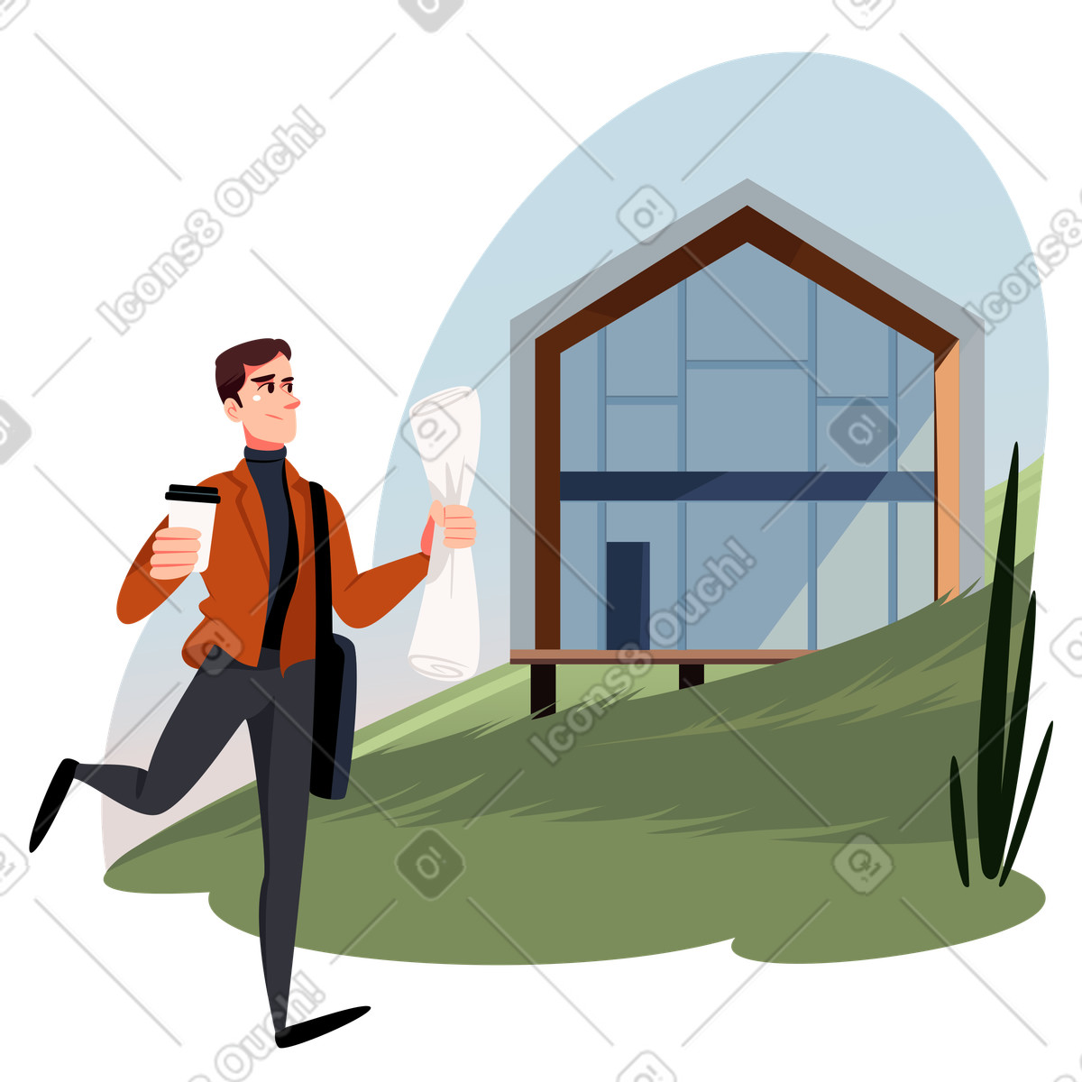 Architect-realtor rushes for house project presentation illustration man clipart graphics