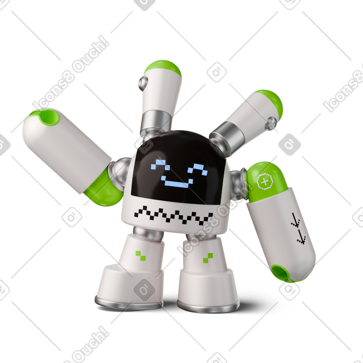 Happy robot with digital face raising right arm illustration in 3D Stickle style download in PNG, SVG