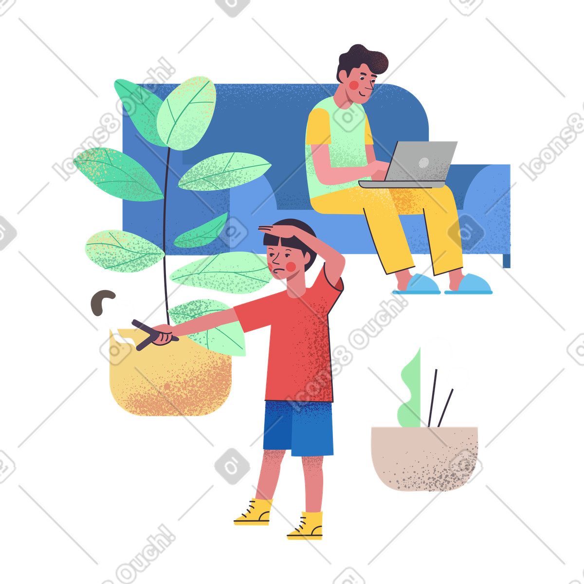 Ilustración Aislamiento: el hijo se entretiene mientras padre trabaja remotamente en estilo Pale a descargar en PNG y SVG