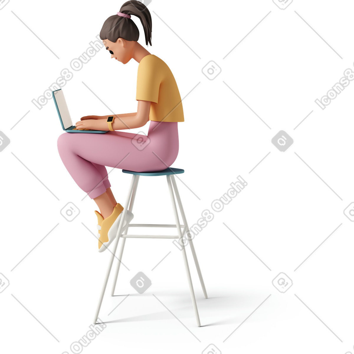 3D Casual life スタイルの Girl sitting on stool with laptop のイラストをPNG、SVG形式でダウンロード