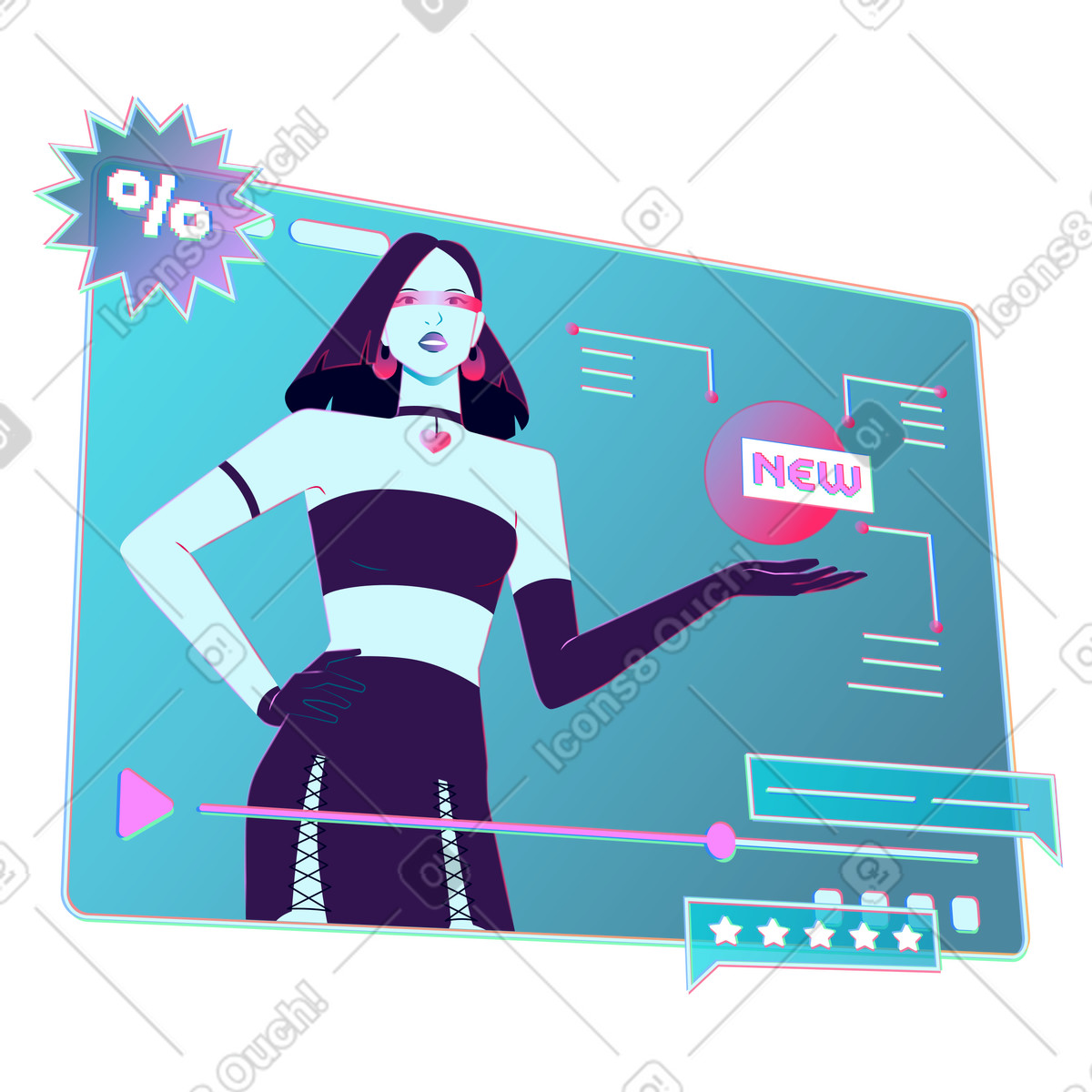 Ilustração de Introducing new launch in video ad, Ecommerce product spotlightl em no estilo Neon para baixar em PNG, SVG
