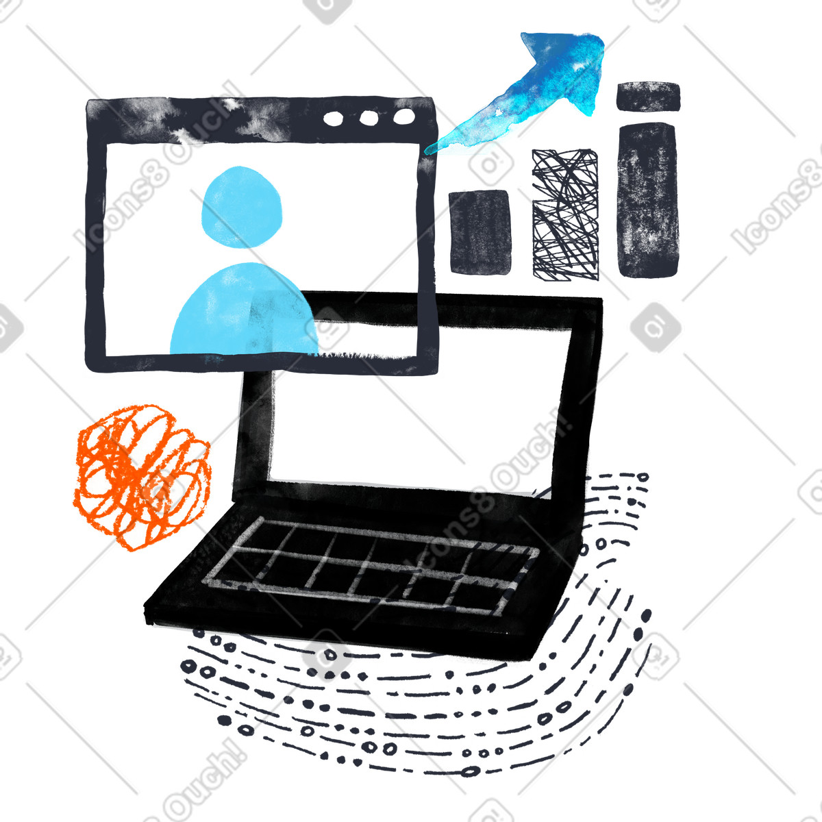 Laptop with video call window and growing chart, Online business meeting illustrazione in stile Inky scarica in PNG, SVG