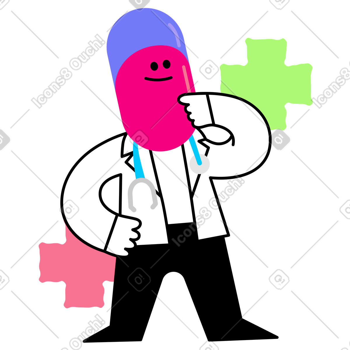 Ilustración Personaje médico con cabeza de pastilla en estilo Giggle a descargar en PNG y SVG