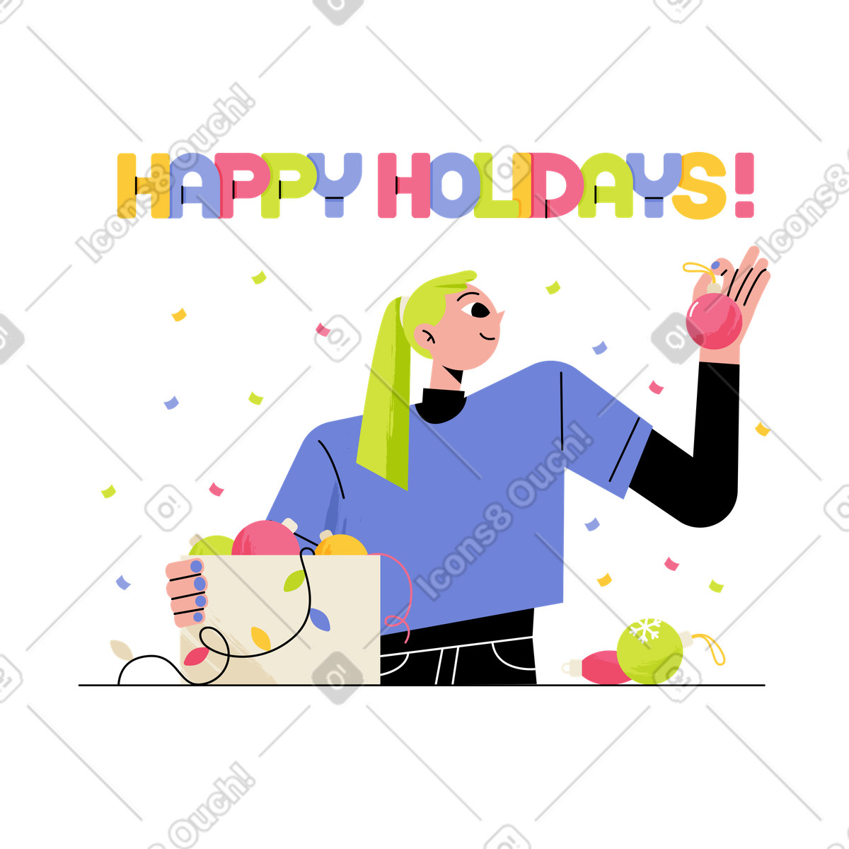 Illustration Lettrage joyeuses fêtes! avec une femme regardant des décorations de noël dans le style Juicy à télécharger aux formats PNG, SVG