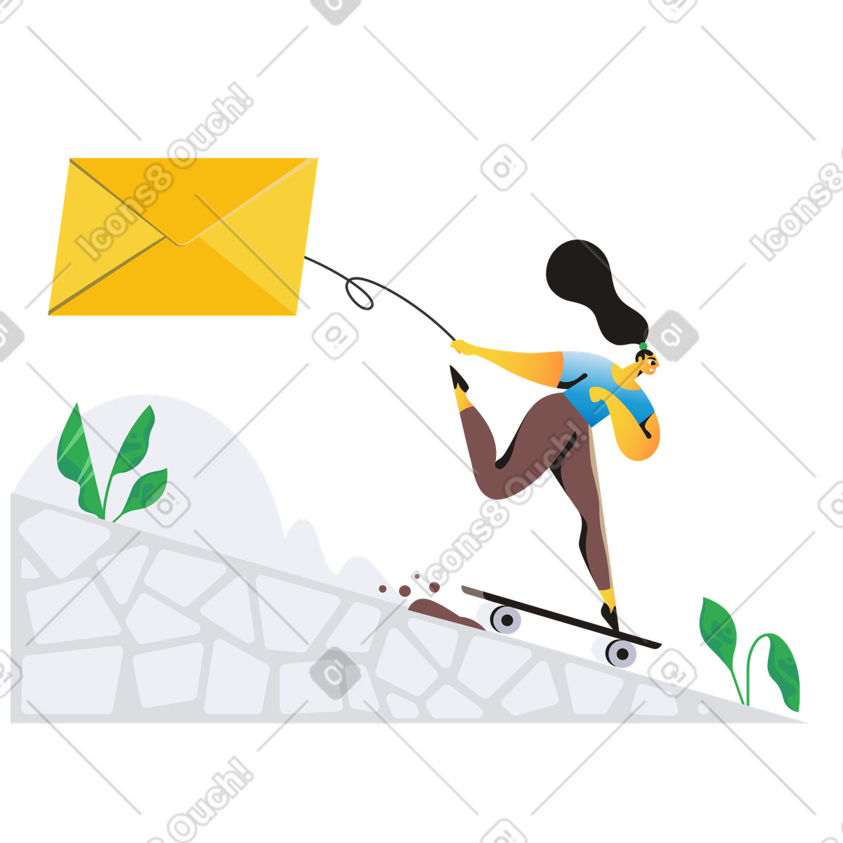 Illustration Energetic skateboarder delivering large letter, Rapid messaging and fast email delivery dans le style Jaconda à télécharger aux formats PNG, SVG