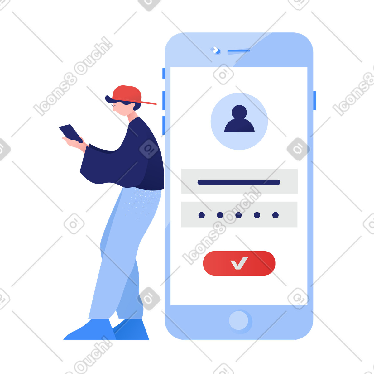 Man logging into his account on phone illustration in Clip style download in PNG, SVG