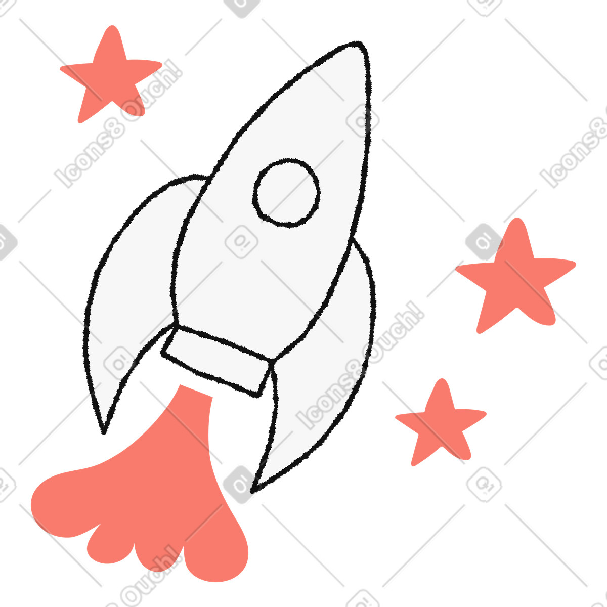 Ilustración Rocket ship launching with flame trail and surrounding stars en estilo Bold People a descargar en PNG y SVG