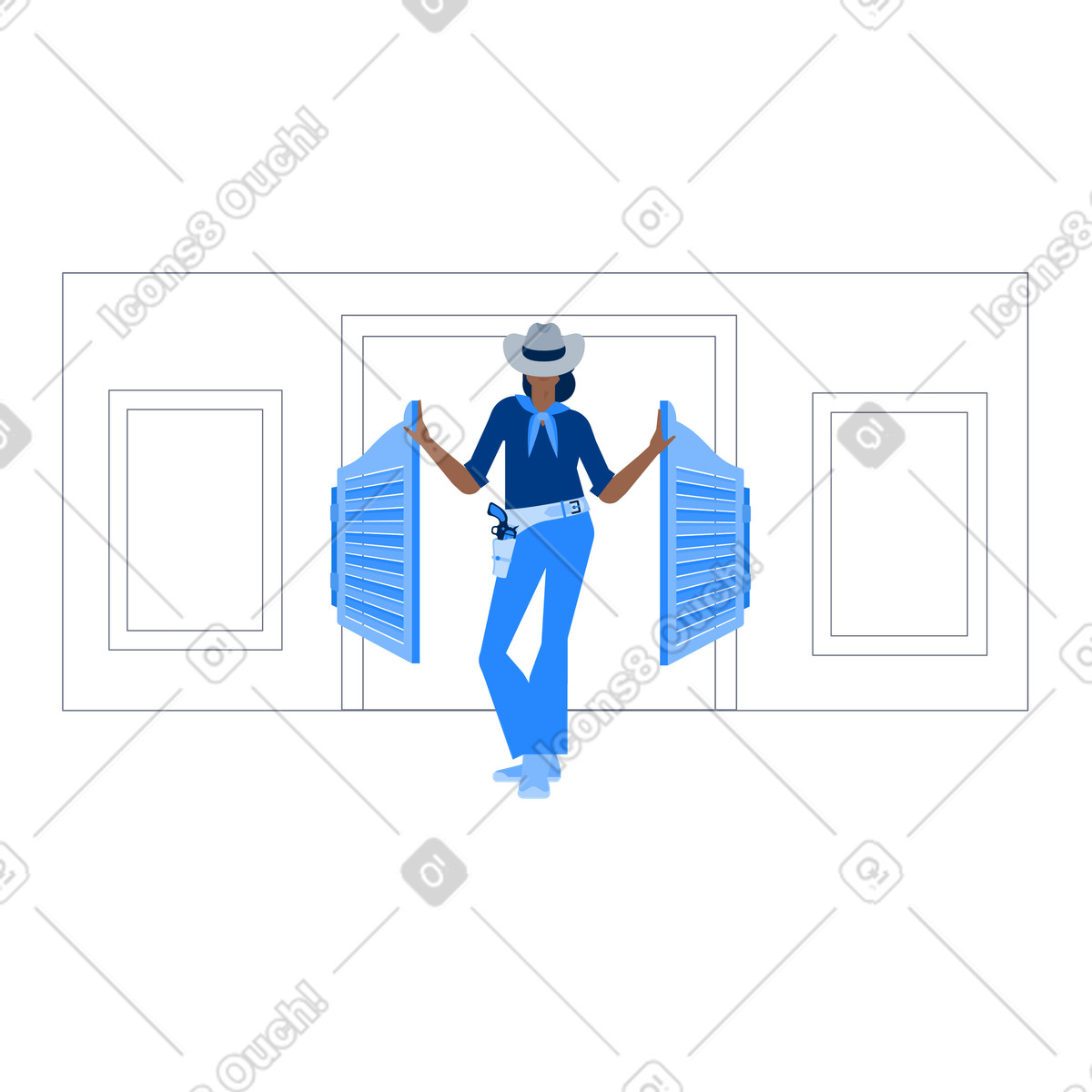 Illustration Cowgirl standing at saloon doors, User authentication or login concept dans le style Urban à télécharger aux formats PNG, SVG