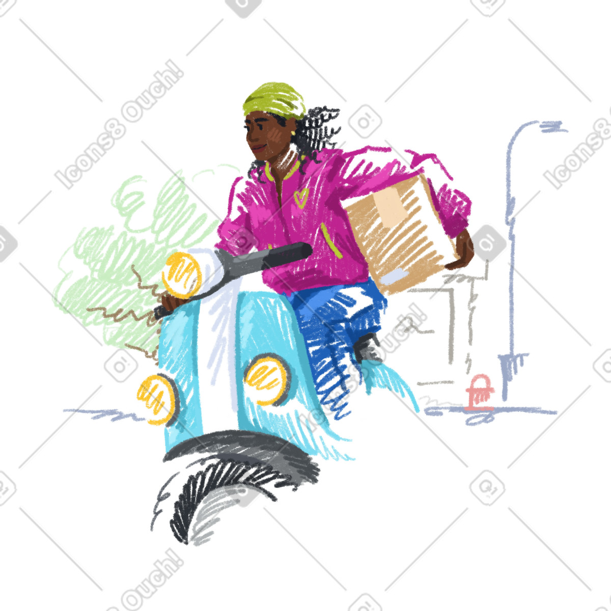 Kurierin auf einem roller, der ein paket ausliefert-Illustration im Sketchbook-Stil als Download in PNG, SVG