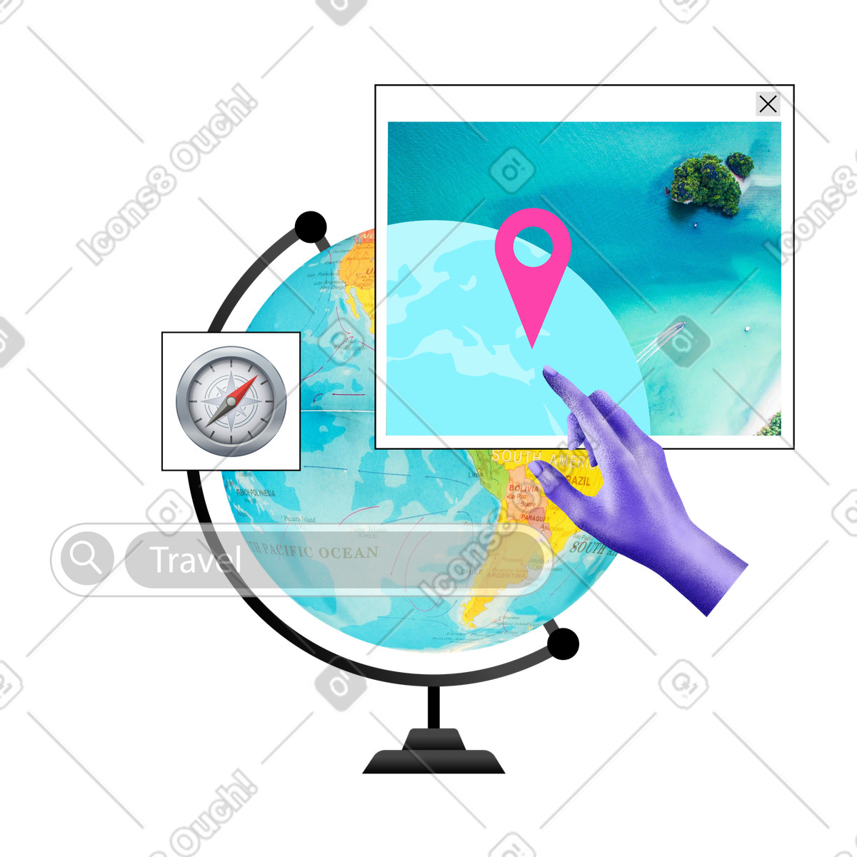 Jumble スタイルの 旅行の目的地、地球儀を指す手 のイラストをPNG、SVG形式でダウンロード